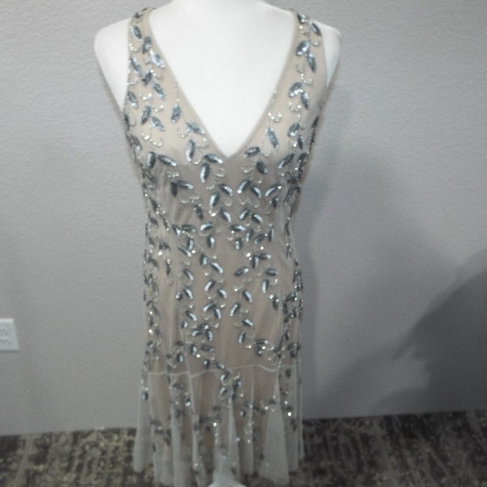 Adrianna Papell Mesh Overlay Beaded Sleeveless Short Dress Beige Silver Sequin 8